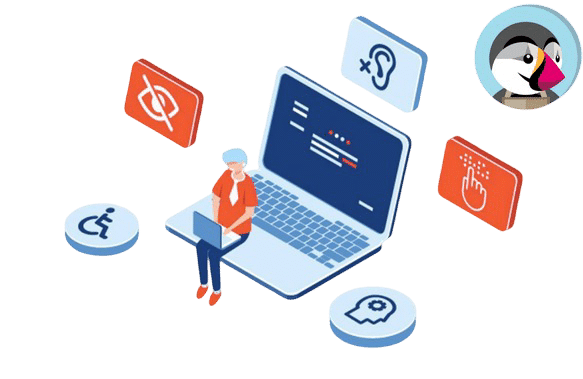 Illustration RGAA PrestaShop montrant l'accessibilité numérique avec un homme en costume consultant un ordinateur portable. Autour de lui flottent des icônes d'accessibilité : symbole de fauteuil roulant, œil barré pour les malvoyants, oreille pour les malentendants, et main tactile. L'ensemble représente la conformité RGAA pour les boutiques PrestaShop et l'inclusion numérique.