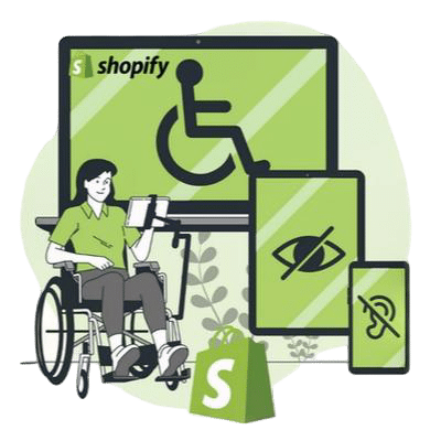 Illustration RGAA Shopify accessibilité numérique montrant une femme en fauteuil roulant utilisant un ordinateur portable. Plusieurs écrans de tailles différentes (desktop, tablette, mobile) affichent des icônes d'accessibilité : fauteuil roulant, œil barré et oreille barrée.