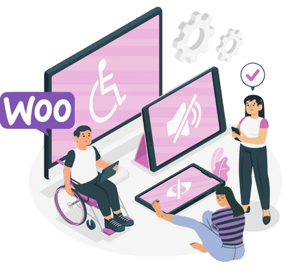 Illustration RGAA WooCommerce montrant l'accessibilité numérique. Un homme en fauteuil roulant utilise une tablette, tandis qu'une femme debout tient un smartphone avec une icône de validation. Les écrans affichent des symboles d'accessibilité (fauteuil roulant, langue des signes, loupe).